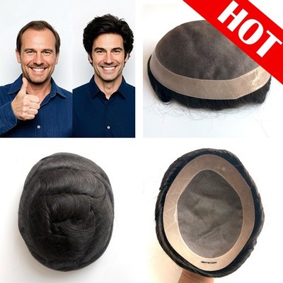 Durable Human Hair Hairpiece Hair Replacement Fine Mono Poly System Toupee #1B