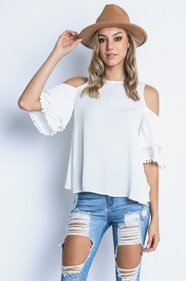 Popcorn Double-Layered Ruffled Sleeves with Split-Shoulder Top ~ Size Small