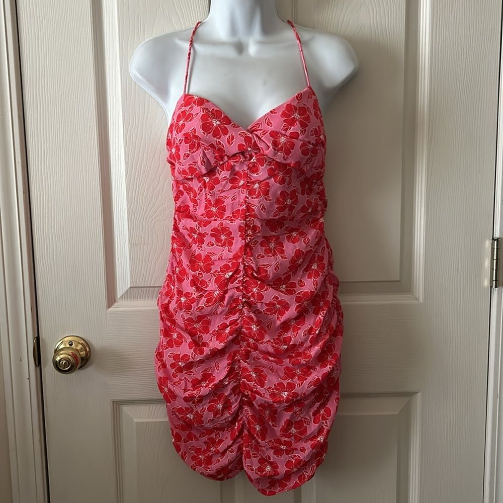 Zara Women's Pink Red Floral Ruched Body-con Mini Dress Sz Med Valentine’s Day thumbnail 6