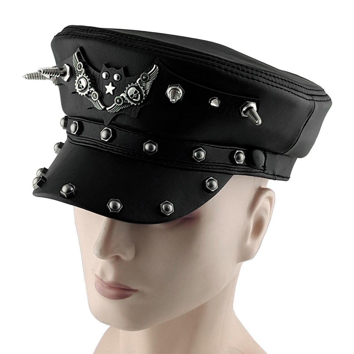 Spike Skull Mens Genuine Leather Hat Biker Punk Rock Cap Hat