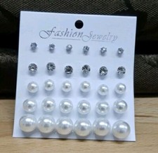 15 Pairs Faux Pearl Rhinestone Decorated Stud Earrings Set NEW