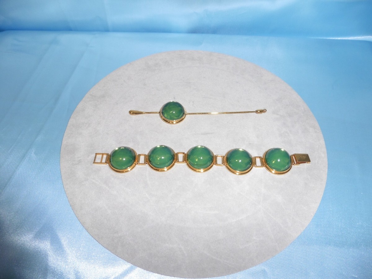 Vintage Lalique Crystal Green Cabochon Linked Bracelet & Hat