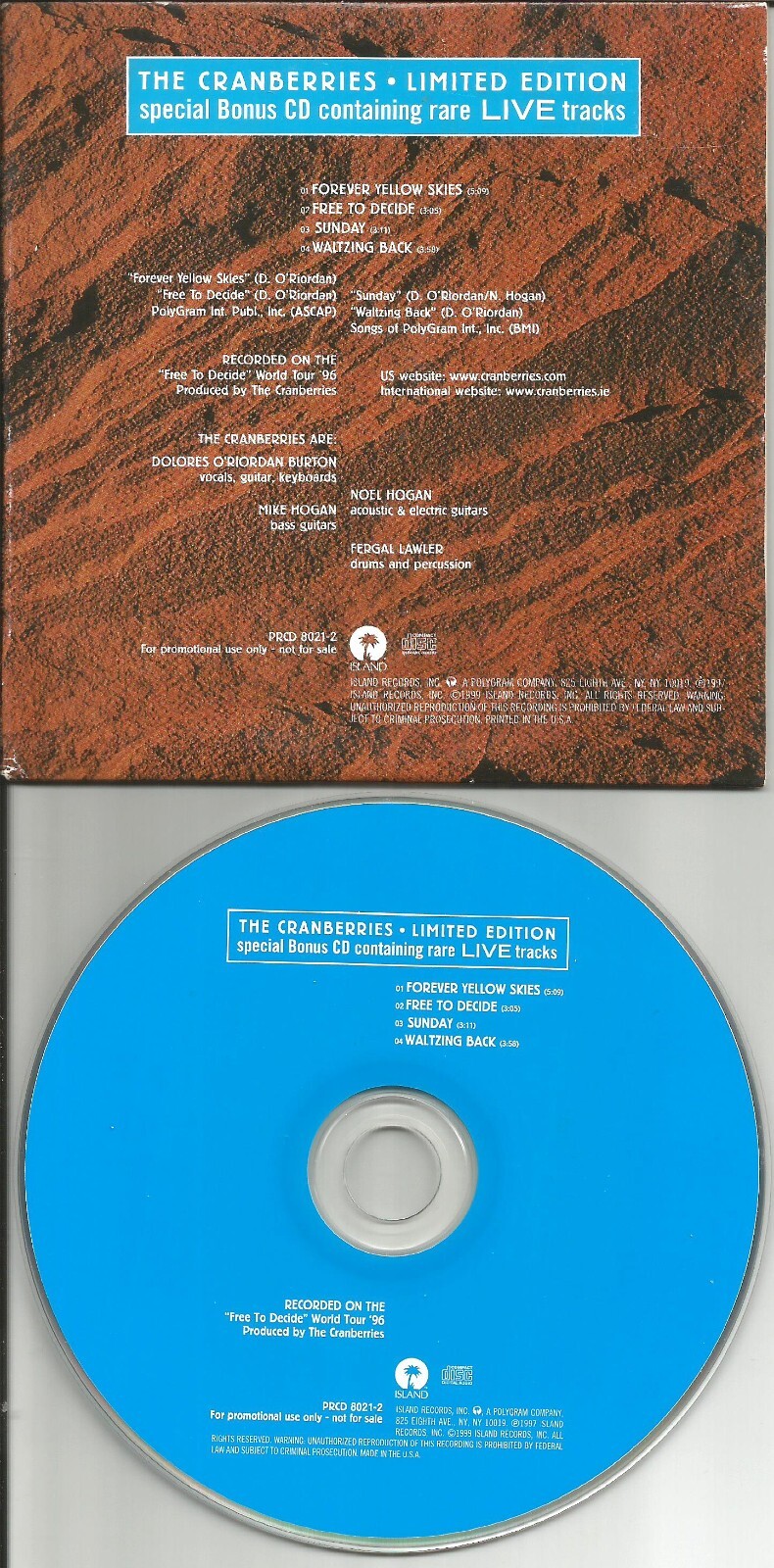 CRANBERRIES LIMITED w/ 4 RARE LIVE TRX BONUS PROMO CD Single  Dolores O’Riordan