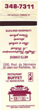 Quebec Canada Le Mandarin Buffet Restaurant, Bar & Salad Vintage Matchbook Cover