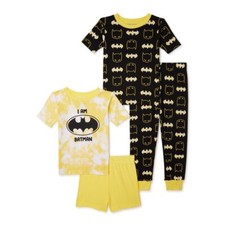 Batman Toddler Boys Cotton 4-Piece Pajama Set, Yellow/Black Size 2T