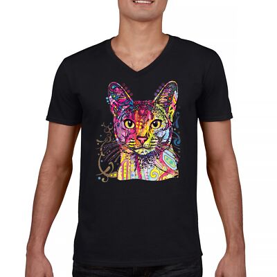 Dean Russo Abyssinian Cat V-Neck T-shirt Colorful Cute Kitten Pet Tee