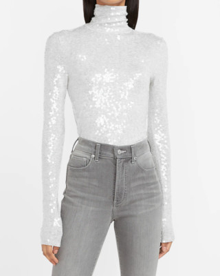 NEW EXPRESS ALL SEQUIN BLING turtleneck blouse shirt top xs silver