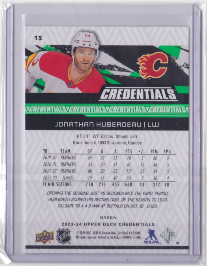 2023-24 UD CREDENTIALS GREEN BASE PARALLEL 4/25 JONATHAN HUBERDEAU #13 FLAMES - Image 2 of 2