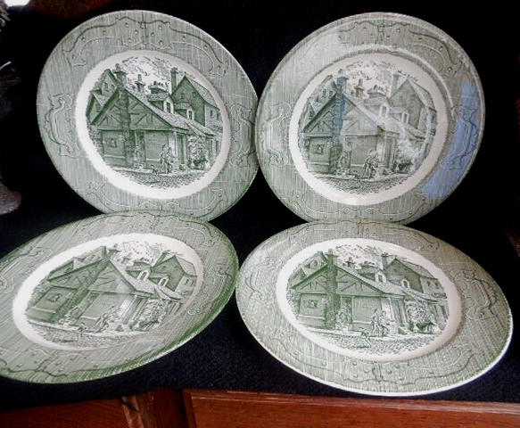 4 - 10" Dinner Plates  The Old Curiosity Shop Green Transferware Hinge Rims