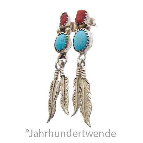 Navaho Türkis Koralle Silber Ohrringe Ohrstecker silver stud earrings - Bild 3 von 4