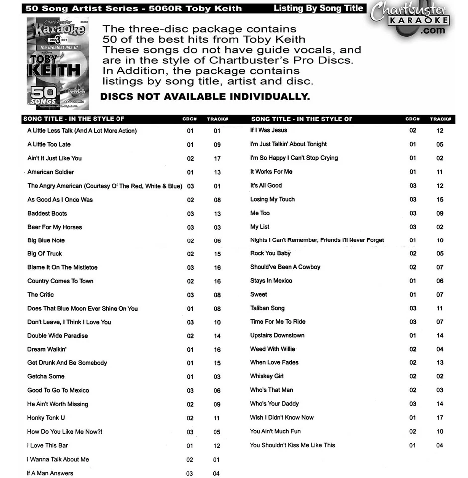 TOBY KEITH Chartbuster Vol-5060 KARAOKE 3 CD+G NEW DISCS in WHITE SLEEVES - Image 2 of 2