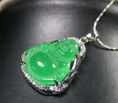 Gold Plated Green Jade Imitation Diamond Buddha Blessing Pendant Chain Necklace - Picture 9 of 10