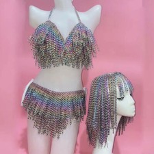 Women Colorful Rhinestone Tassel Bikini Outfit Wig Singer Show Stage Costume