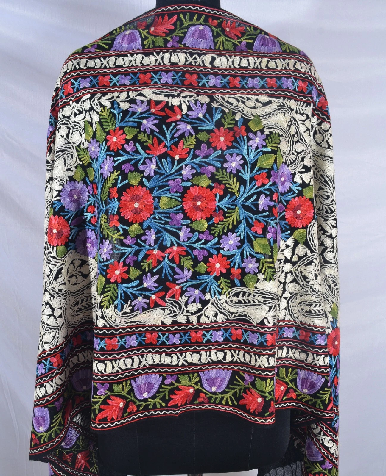 BLACK Multicolor Flower Garden Embroidered Scarf 100% Wool Floral Handmade Shawl