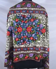 BLACK Multicolor Flower Garden Embroidered Scarf 100% Wool Floral Handmade Shawl