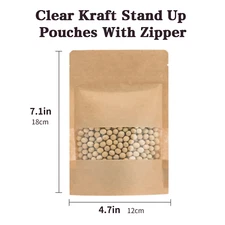 100pcs Kraft Stand-Up Pouches Zip Lock Food Storage Bag with Window Reusable