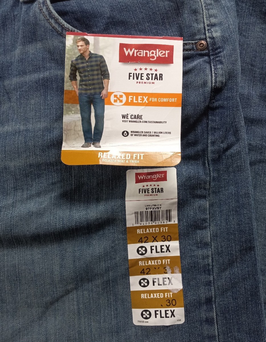 Wrangler Mens Jeans Five Star Relaxed Fit Flex 42x30 Medium Wash Denim