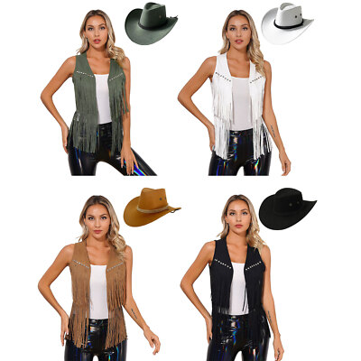 DE Freebily Frauen Kostüm Cowgirl Weste Hippie Mit Fransen Cowboyhut Halloween
