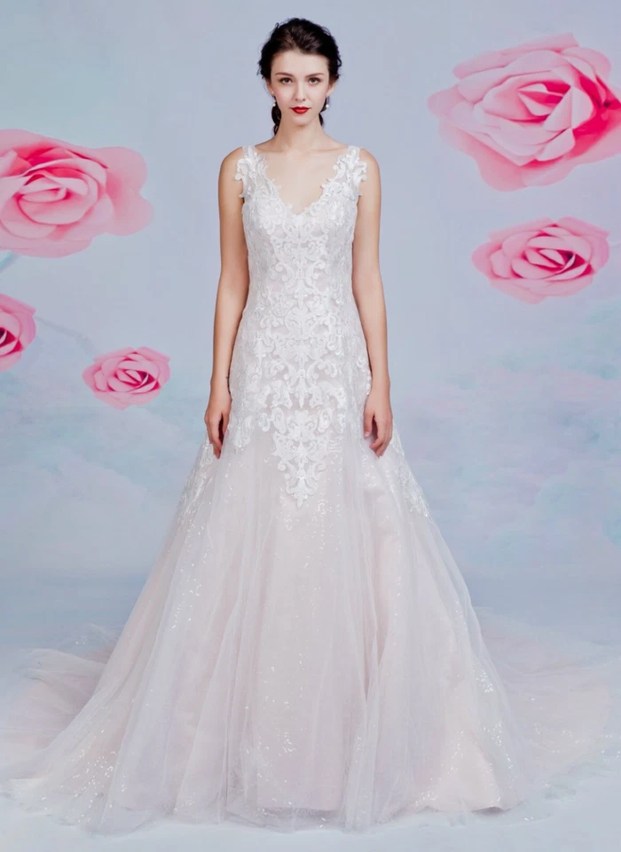 HBH Brautmode Brautkleid Ivory/Altrosa Spitzenapplikationen Glitzertüll - Bild 1 von 4