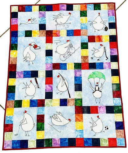 Hand Stitched Athletic Chicken Rooster Appliqué Patchwork Hanging Quilt 30”x78”