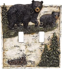 Bear Pine Tree Double Light Toggle Switch Cover Wall Plate Cabin Lodge Decor