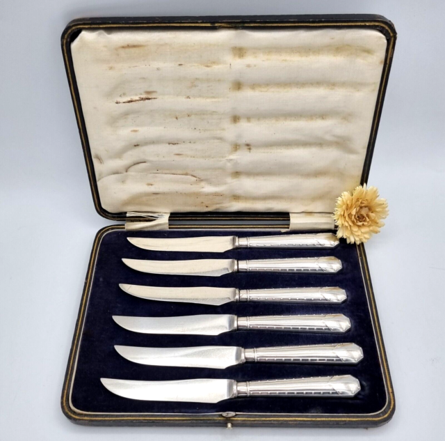 Antik Silber Brotmesser 6er Obst Messer ART DECO / arts and crafts England