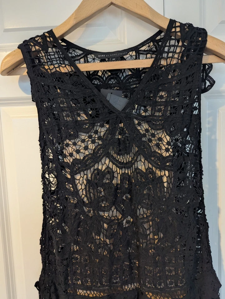 VESTIDO RECTO MARC BY MARC JACOBS NEGRO ALGODÓN ENCAJE CINTURA CAÍDA TALLA XS NUEVO CON ETIQUETAS Foto 3 de 4