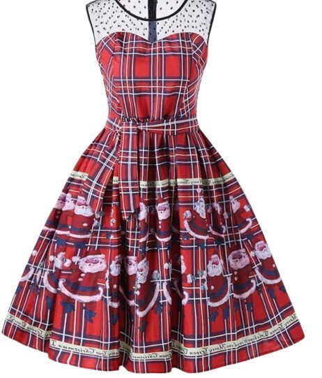 Zaful Womens Fit Flare Dress Red Combo Plaid Santa Claus Tie