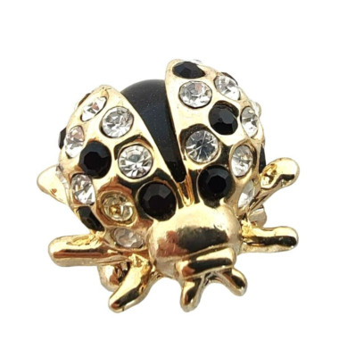 Small Lady Bug Pin Gold Tone W Black Body Clear Rhinestones Wings Brooch