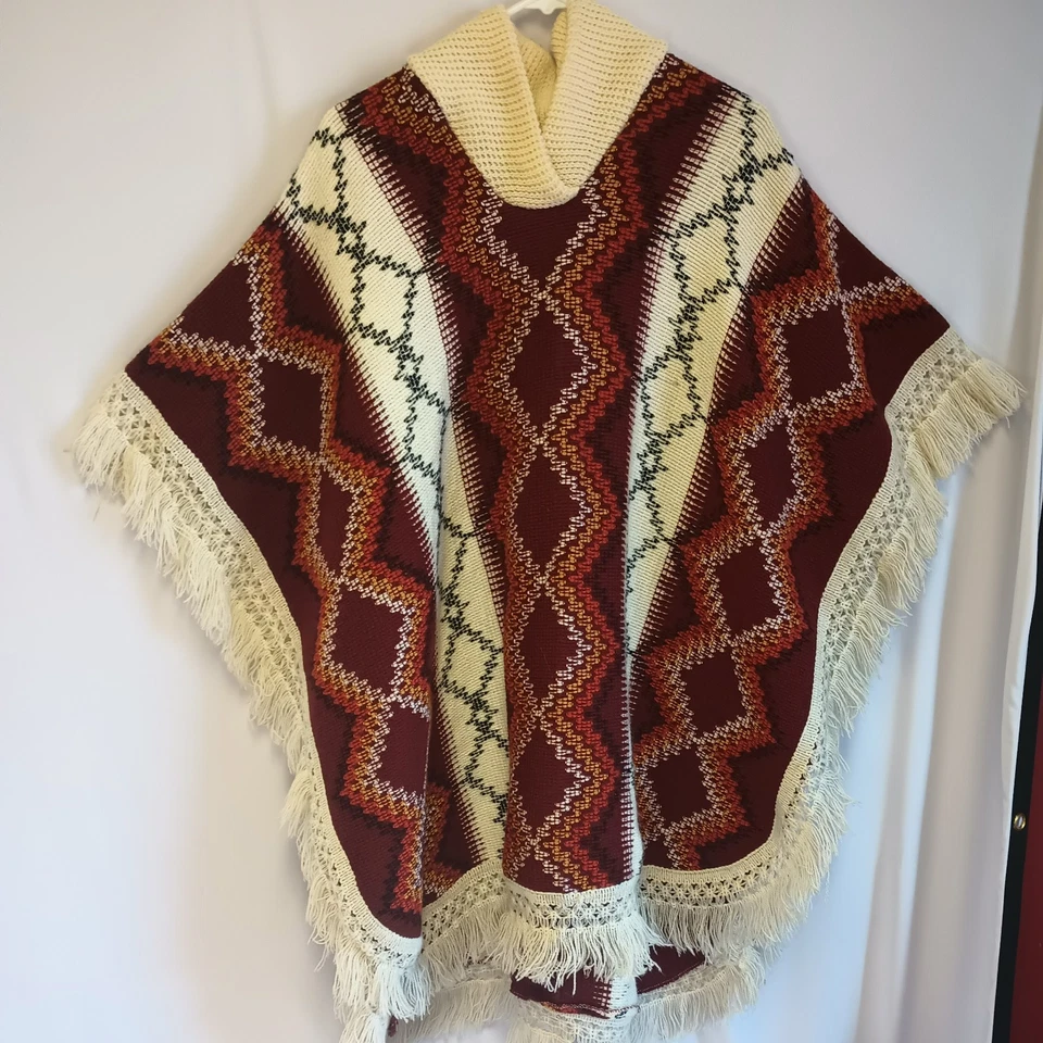 Vintage Poncho Made in Mexico 70s Boho Brick Red, Orange, Cream - Image 4 of 4