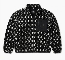 NWT Converse Black Teddy Fleece Jacket Womens L Full Zip Logo Pattern Cozy 120