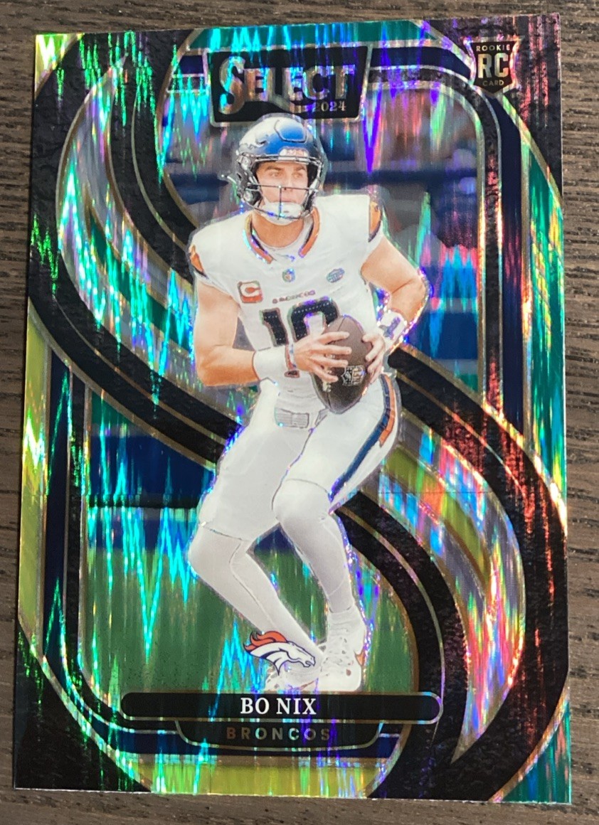 Bo Nix 2024 Panini Select Green & Yellow Prizm Shock Premier #117 RC Broncos