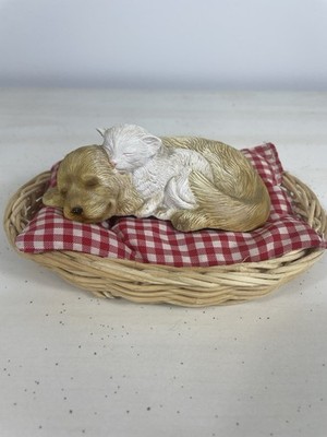 Vintage George Good Puppy Dog and Kitty Cat Sleeping in Basket Figurine Dog Cat