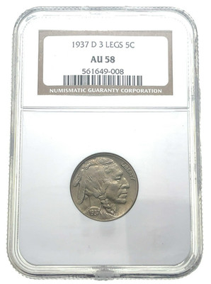 1937-D 5C 3 Beiniges Büffel Nickel Bewertet NGC AU58 3 Beine Fast Unzirkuliert
