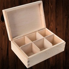 Plain Wood Box With Dividers & Lid 6 Sections Small Craft Sorting Storage Case