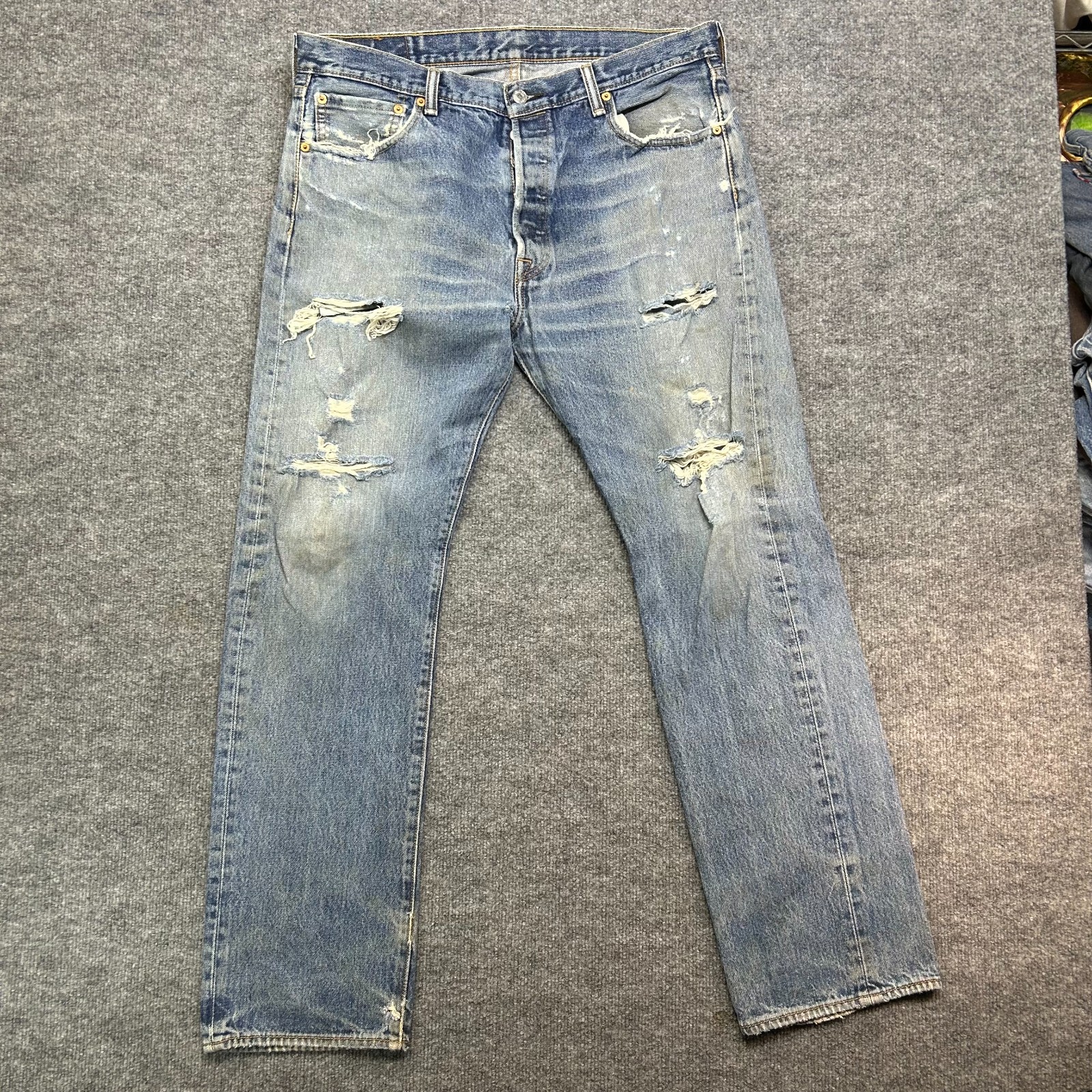 Men's Blue Denim Straight Distressed Classic Zip Fly - 37x32