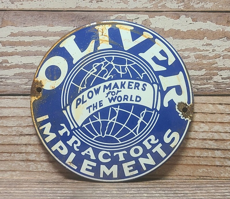 Vintage Oliver Tractor Implements Porcelain Metal Domed Sign