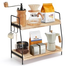 2-Tier Coffee Station Organizer for Countertop, Wooden Coffee Bar Organizer w...