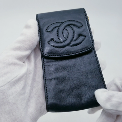 CHANEL Cigarette Case Tobacco COCO CC Logo Keychain Lambskin Leather Black  6379k