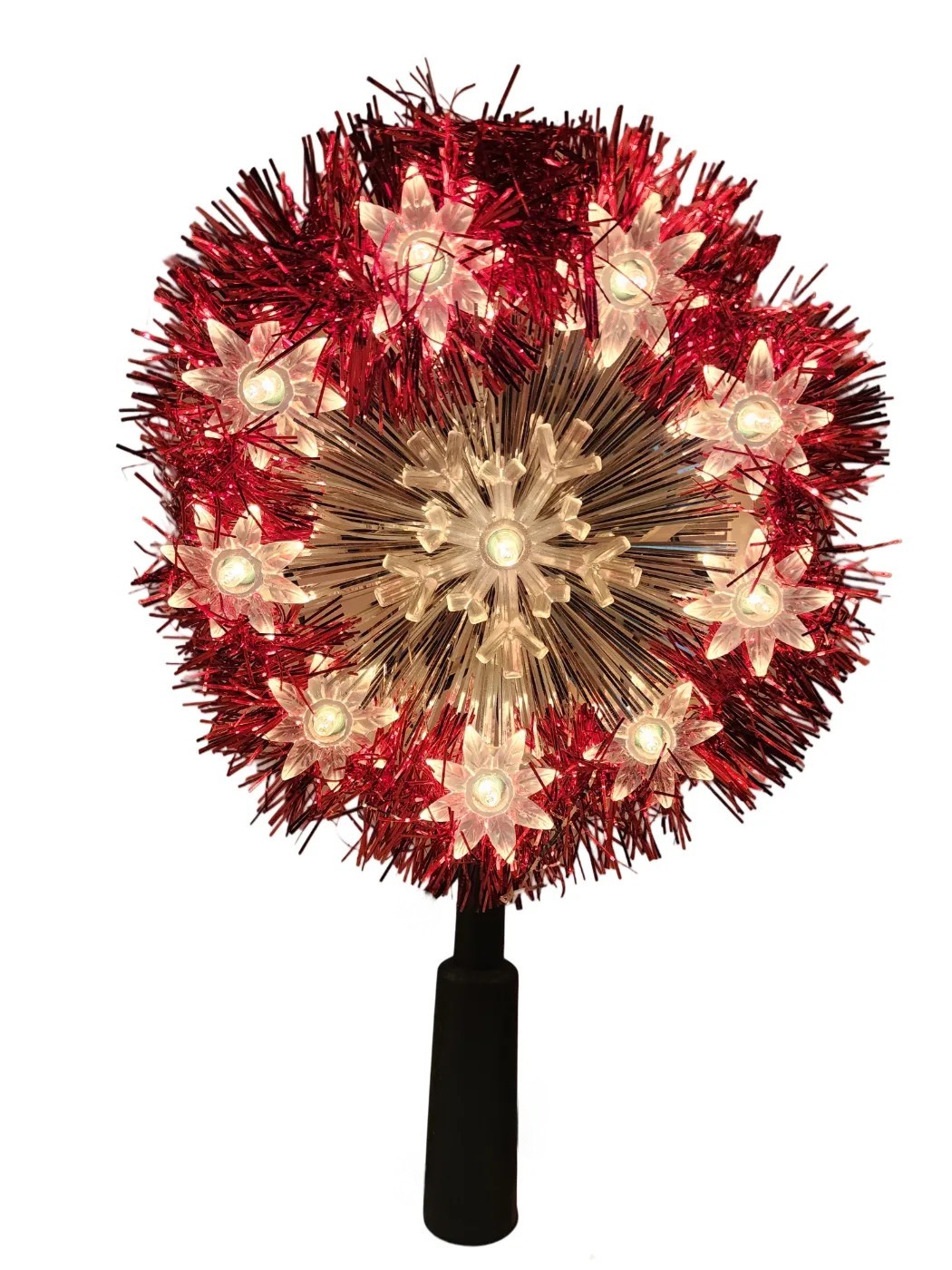 Vintage-style red snowflake tinsel garland Christmas tree topper.