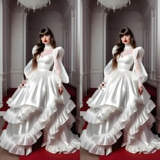 White High Neck Wedding Dresses Fluffy Victorian Lace Ruffle Satin Bridal Gowns