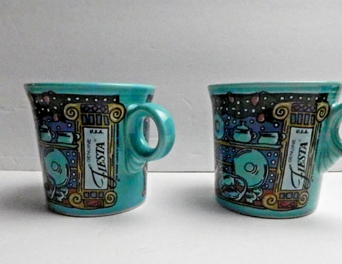 2 Fiesta Christmas Window Mug in Turquoise Fiesta ware Ring-Handled Coffee Cups