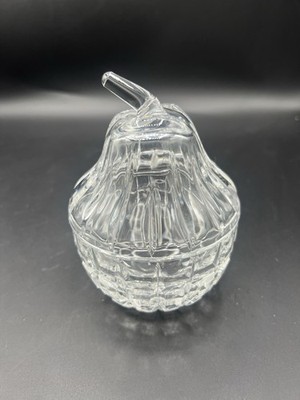 Vintage Pear Shaped Covered Glass Candy Dish Jam Pot Spoon Notch Lid 5  Tall