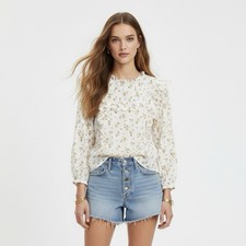 Veronica Beard Top 6 Beth White Yellow Floral Ruffle Cottagecore  Cotton Blouse