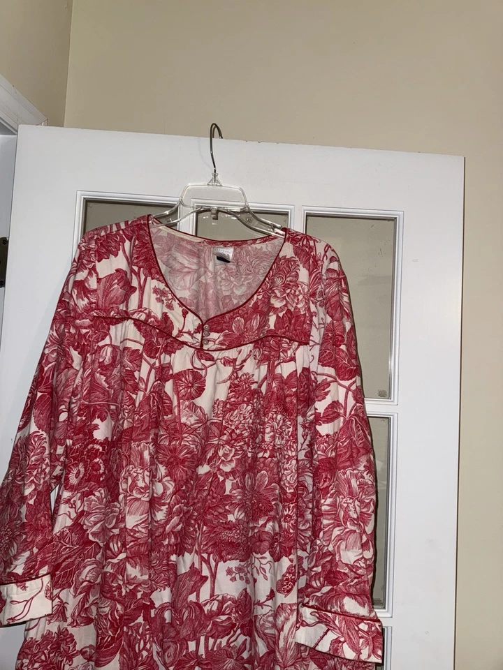 Camisón Lands End 100 % algodón tejido manga larga rojo blanco floral mujer 1X 16/18 Foto 2 de 4