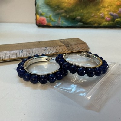 Handwerklich gefertigte silberfarbene & Lapislazuli Creolen 1-1/4'' NEU T15