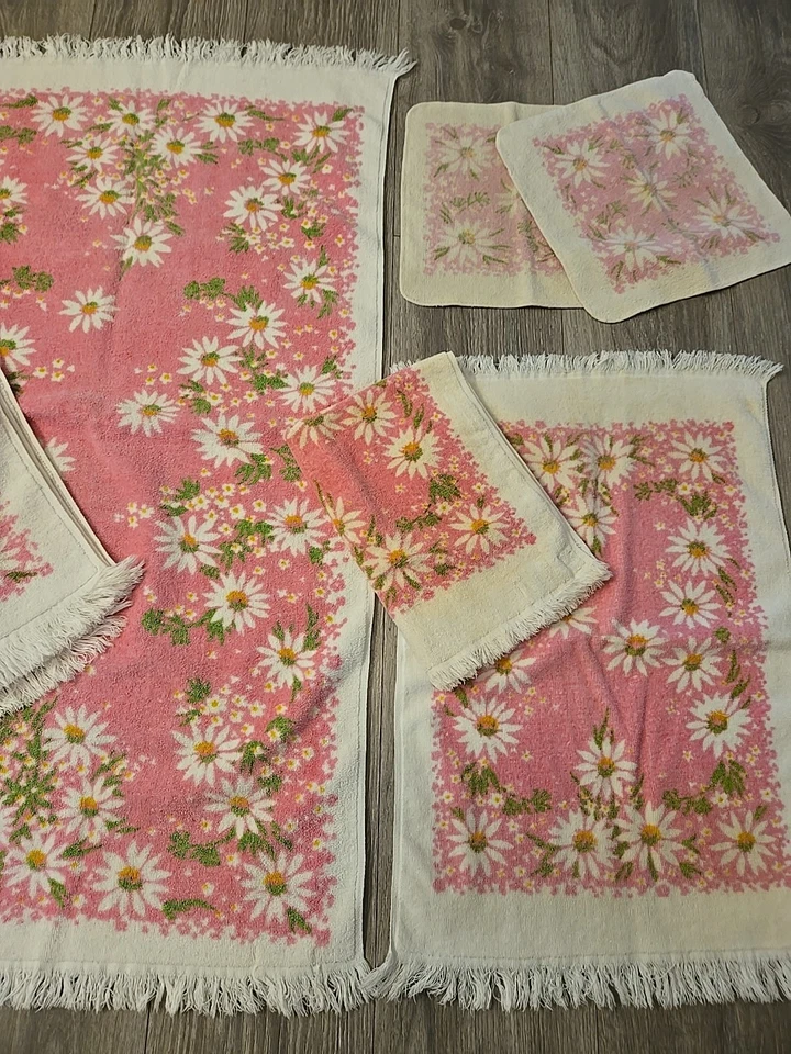 Juego de 6 paños de baño y mano vintage Martex rosa blanco margarita algodón  Foto 4 de 4