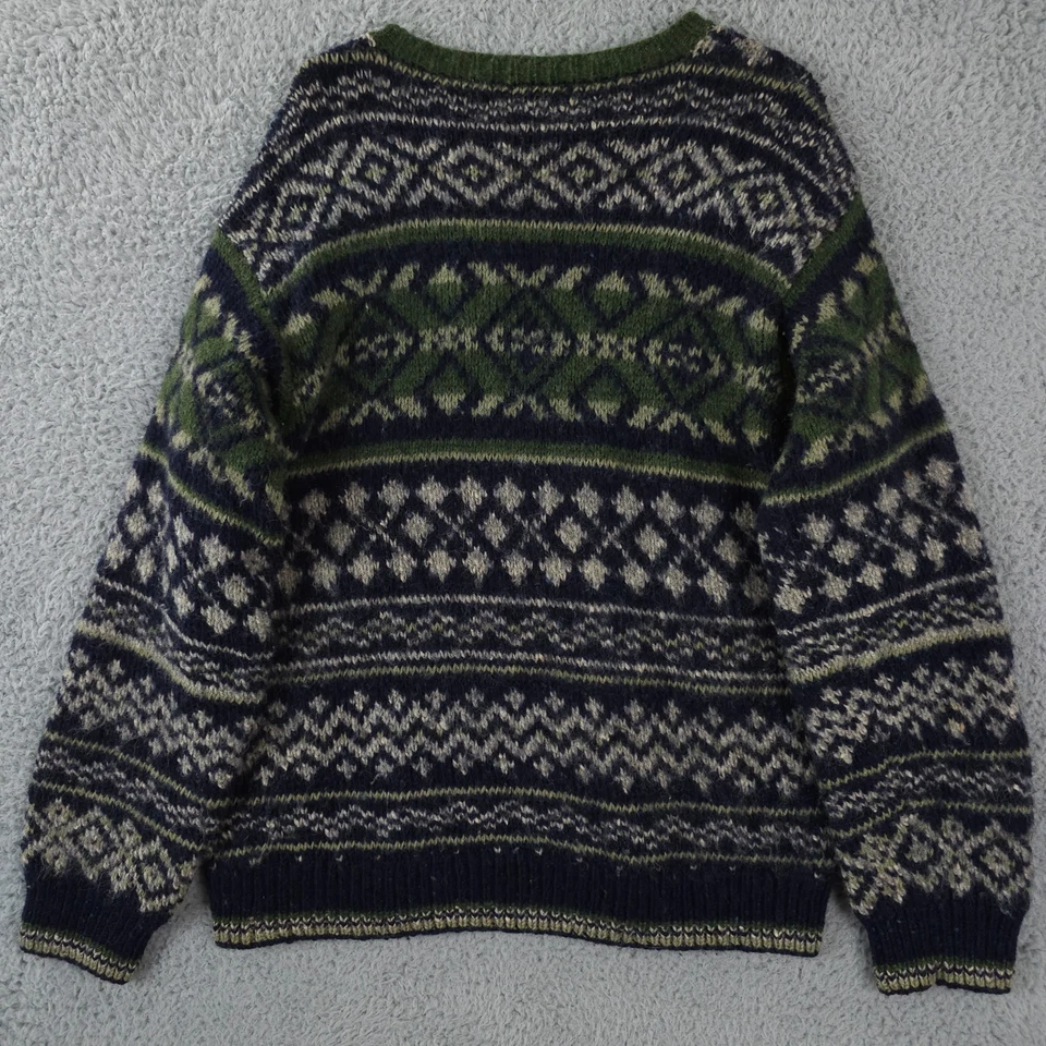 VTG 90s J Crew Sweater Men Medium Blue Fair Isle Nordic Heavy Fuzzy Wool Knit - Image 2 of 4