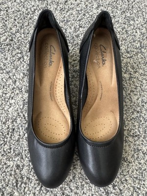 Clarks Bayla Skip Slip-On Block Heel Pumps Black Leather Comfort Office Work