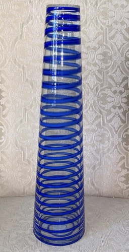 Rare Vintage Mikasa Clear & Blue Streamers Spiral Ribbon Pattern Tapered Vase